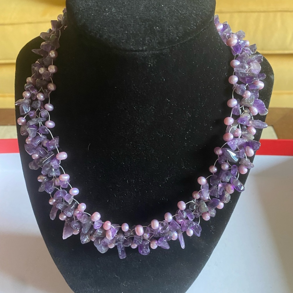 Amethyst and real pearl choker necklace, multi layer, pristine